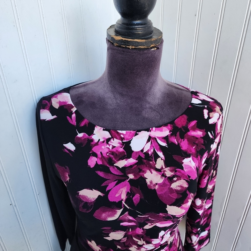 VTG Anne Klein Dress Ruched Black Pink Floral 3/4 Sleeves Stretch Womens Sz 2 - Picture 4 of 16